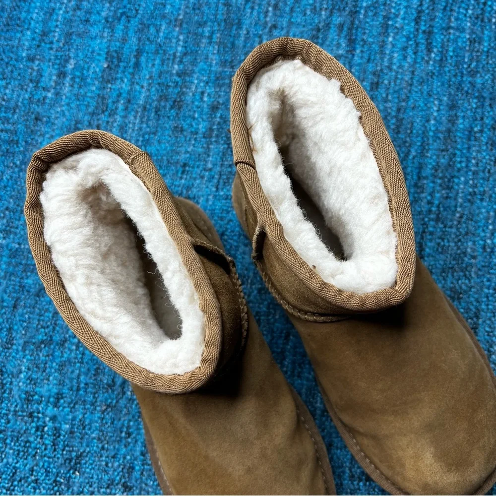 UGG Classic Mini Rubber Logo Fleece Lined Booties in Chestnut Brown Women's 5
